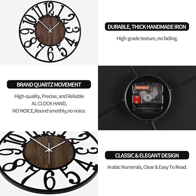 Large Wall Clock for Living Room Decor, 14 Inch Non Ticking Silent, Battery Operated Modern Vintage Oversized Wall Clock for Bedroom Kitchen