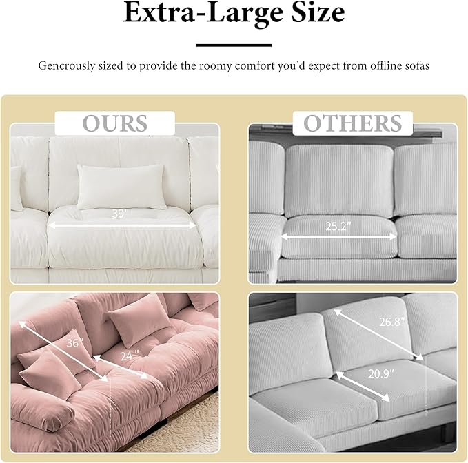 133.8" Oversized Couch, 3 Seater Modular Sectional Sofa, Pink Large L Shaped Sectional Fluffy Couch Set, Chenille Cloud Couch with Ottoman, Deep Seat Sofas for Living Room