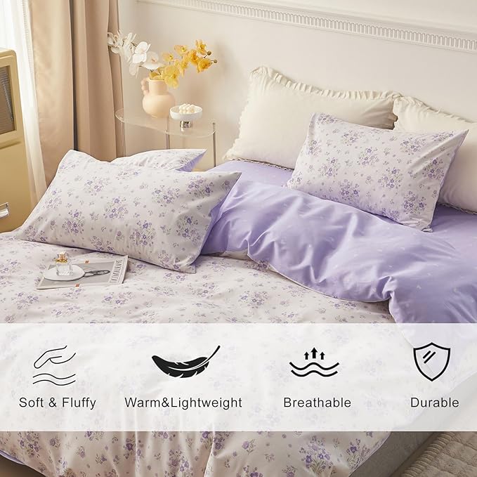 EAVD Vintage Purple Floral Comforter Set King White Soft Microfiber Garden Small Floral Bedding Comforter Set 1 King Comforter and 2 Pillowcases Fresh Botancial Comforter Set for All-Season