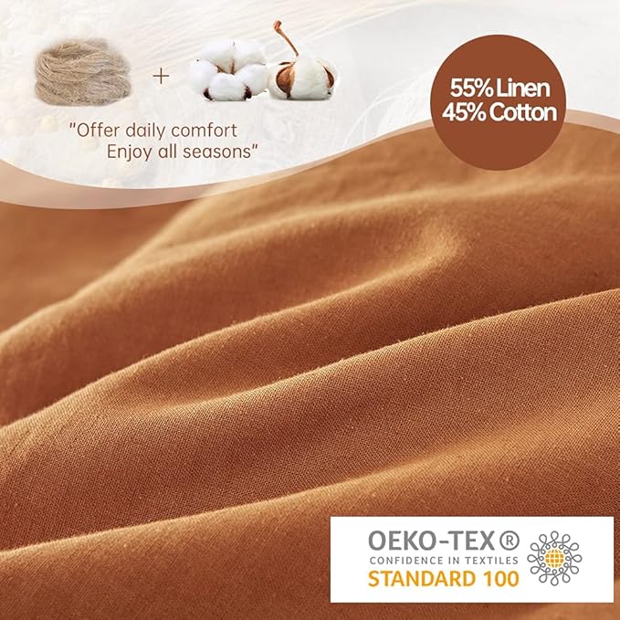 Simple&Opulence French Linen Duvet Cover Set 88" x 92"- 3 Pieces (1 Comforter Cover,2 Pillowcases)- Natural Flax Cotton Blend-Solid Color Breathable Farmhouse Bedding-Rust, Queen
