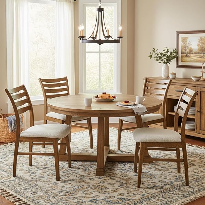 DUOMAY Farmhouse Dining Chairs Set of 2, Fur Beige Upholstered Side Chairs Solid Wood Ladder Back Kitchen Chairs for Home Dining Room, Browm Frame