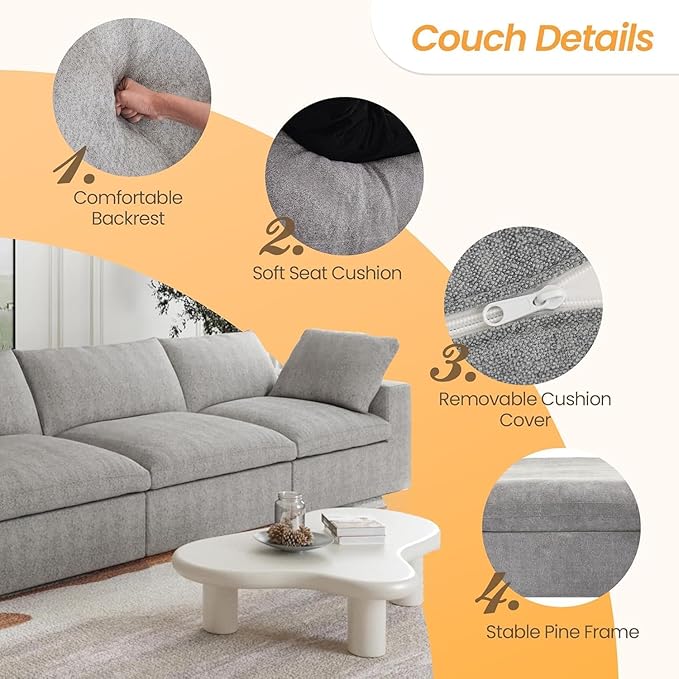 JACH V-Shaped Cloud Sectional Couch for Living Room, 5-Seats Modular Convertible Sofas, Sofa Covers Removable, Cloud Sofa for Living Room, Apartment (Grey)