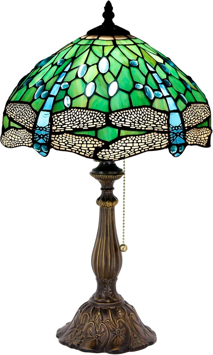 Tiffany Table Lamp Stained Glass Lamp 12X12X19 Inch Antique Reading Light (Green Dragonfly)