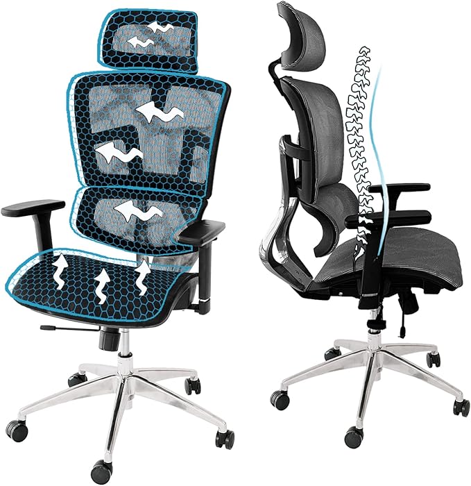 ErgoMax 53 in Tall Gray Ergonomic Adjustable Office Chair w/Aluminum Back and Base, Ergonomic Chair with Headrest and Lumbar Support