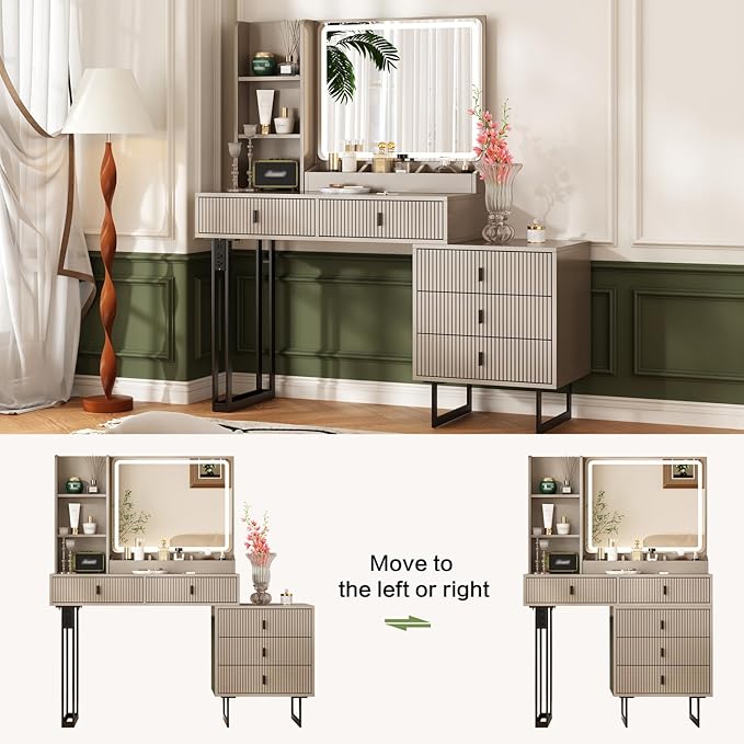 Large Vanity Desk with 3 Color Touch Screen Dimming Mirror, Vanity Desk with Charging Station, Modern Retractable Makeup Dressing Table, Makeup Table With storage shelves and 5 Sliding Drawers, Grey