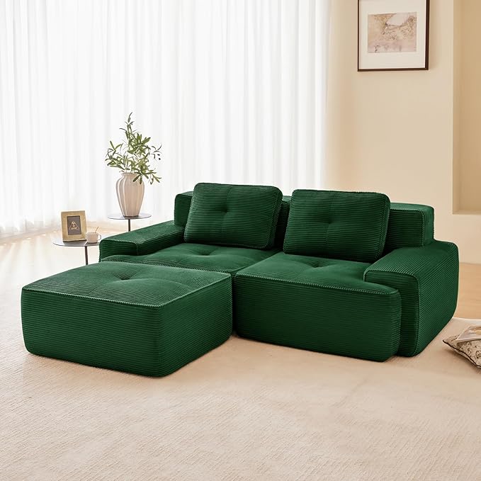 80" Modern Compressed Boneless Love Seat Couches with 1 Ottoman, 2 Seater Large Sectional Couches for Living Room, Green Corduroy Cloud Modular Sectional Sofa, Memory Foam, Deep Loveseat, No Assembly