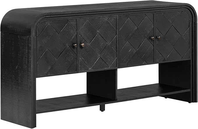 60'' Curved Sideboard with 4 Doors and Bottom Shelf, Versatile Wooden Accent Storage Cabinet Entryway Console Table for Hallway Living Room Dining Room (Black-4.16)