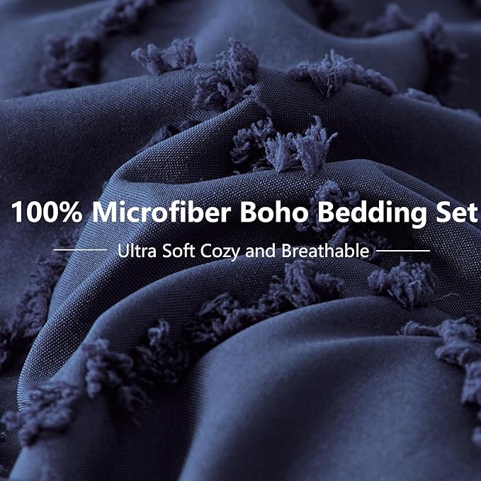 Navy Blue Tufted Comforter Set King Size 7 Piece Bed in a Bag,Shabby Chic Boho Comforter and Sheet Set,All Season Soft Microfiber Complete Bedding Set(Navy Blue,102"x90")
