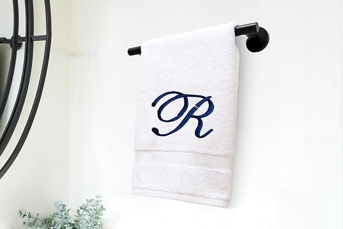 White Monogrammed Hand Towels for Bathroom - Luxury Hotel Quality Personalized Initial Embroidered Towel for Powder Room, Spa - GOTS Organic Certified - Pack of 2 Navy, Letter R