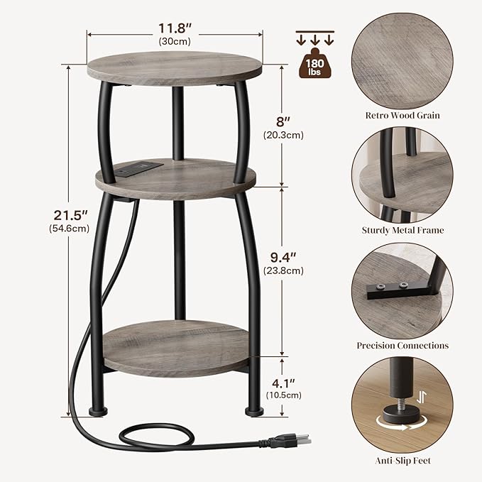 Round Side Table with Power Outlet & USB Ports, 3-Tier End Table with Storage Shelf, Modern Rustic Nightstand, Small Spaces Accent Table for Living Room Bedroom, Easy Assembly, Grey