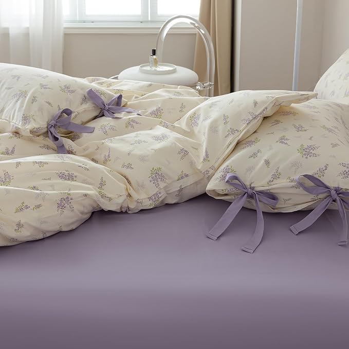 Purple Flower Duvet Cover Full 3 Pieces Girls Cottagecore Bedding Set 100% Cotton Lavender Flower Comforter Cover Floral Botanical Duvet Cover with Zipper Closure Vintage Country Bedding Set Full
