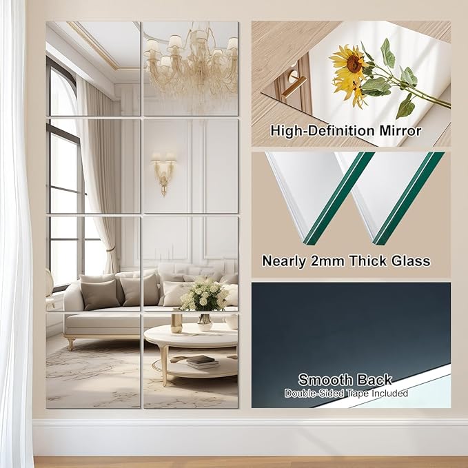 Vlush Full Length Wall & Tiles 10.2'' x 10.2'' x 4PCS Full Body Mirror, Full Length Mirror Wall Mounted Mirrors Decorative for Home Gym, Door, Bedroom & Bathroom