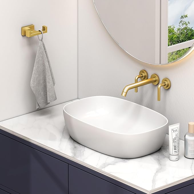 Suyar Double Towel Hook Brushed Gold, SUS304 Stainless Steel Square Coat Robe Holder, Bathroom Kitchen Towel Hanger, Wall Mounted