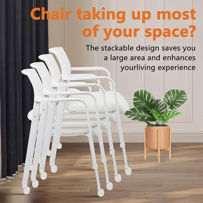 CLATINA Stacking Office Chairs | Mesh Back, Thicken Leather Seat and Arms, Ergonomic Lumber Support | Guest Reception, Waiting, Conference, School, Party, Customer, Side, Stationary | Set of 2, White