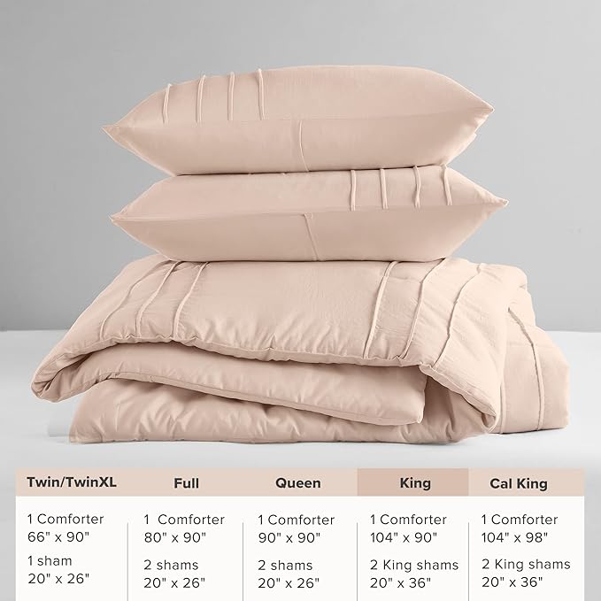 Comfort Spaces Blush King Size Comforter Set - 3 Piece Pintuck Pleated Bedding Set, All Season Lightweight, Extra Soft Pre-Washed Microfiber Bed Set, Shams