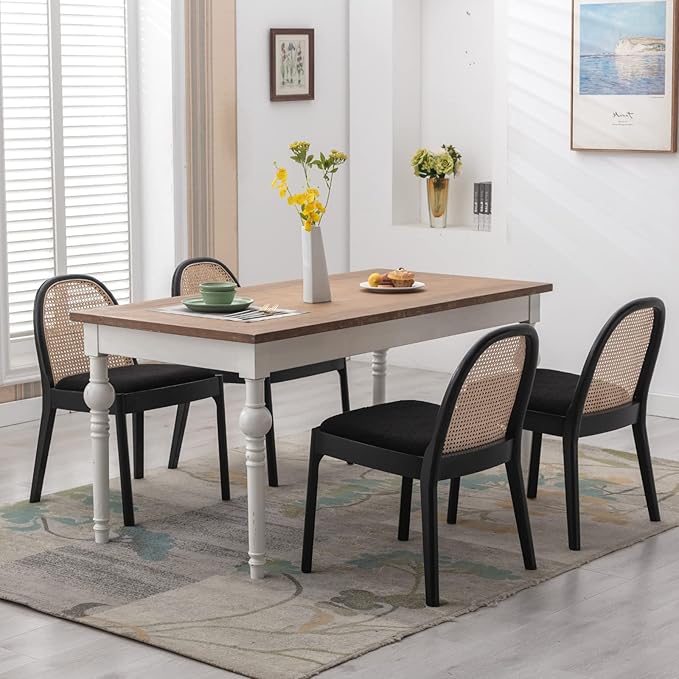 HEAH-YO Rattan Dining Chairs Set of 6, Upholstered Sherpa Dining Room Chairs with Backrests, Modern Kitchen Chairs with Wood Legs for Dining Room, Black