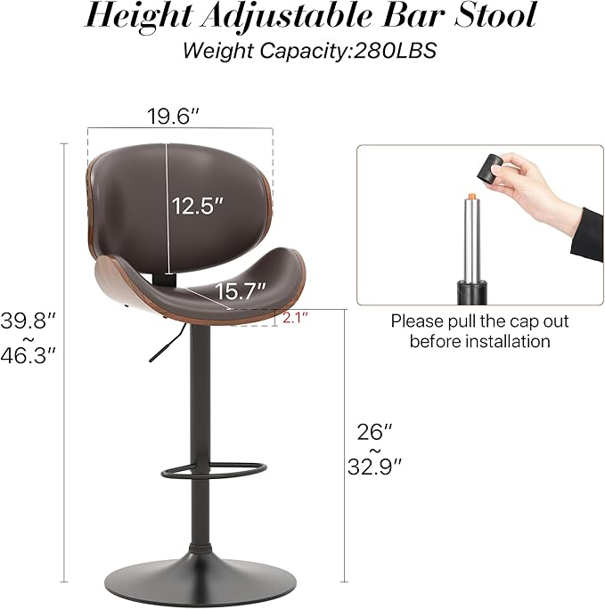 KCC Bar Stools Set of 2, Swivel Adjustable Height Barstools, PU Leather Upholstered Bar Chairs with Footrest, Bentwood Bar Stool for Kitchen, Bar, Dining Room(Brown PU)