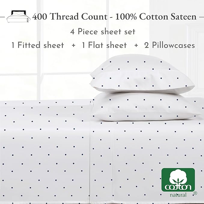 California Design Den Printed King Size Sheets Set - Luxury 400 Thread Count Sateen, Natural 100% Cotton Sheets, Deep Pockets, Cooling and Durable Bedding Set - Polka Dot
