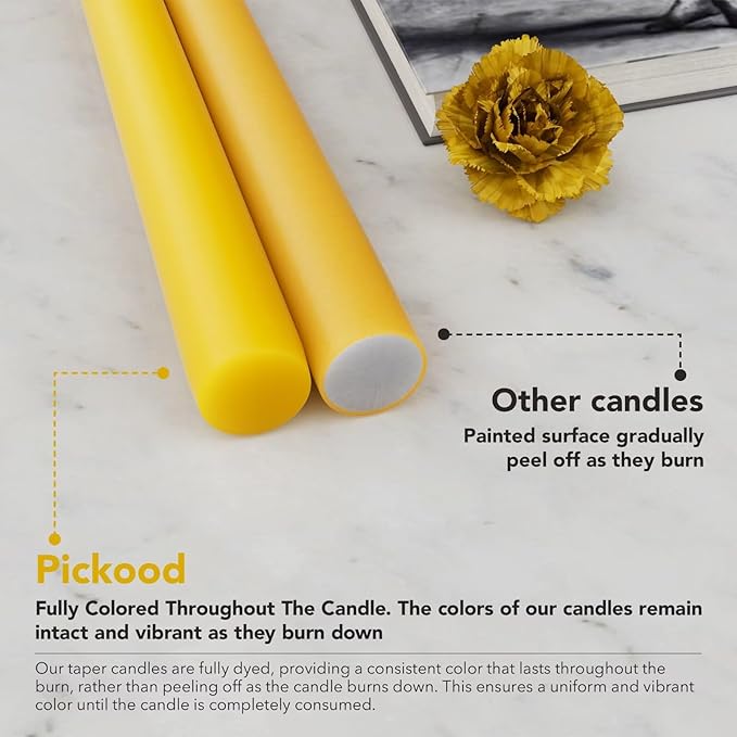 New Burning Formula Unscented Dripless 12-Inch Taper Candles Set of 12 - Lemon, for Wedding, Dinner - Smokeless, Long Burning - Hand Poured, Colored Tall Candlesticks - Limón