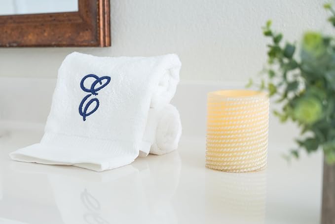 White Monogrammed Hand Towels for Bathroom - Luxury Hotel Quality Personalized Initial Embroidered Towel for Powder Room, Spa - GOTS Organic Certified - Set of 2 Navy Letter E