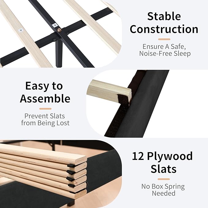 Queen Size Upholstered Platform Bed Frame with Modern Wingback & Vertical Panel Headboard, Linen Fabric, Wooden Legs & Slats Support, No Box Spring Needed, Noise-Free & Easy Assembly, Black