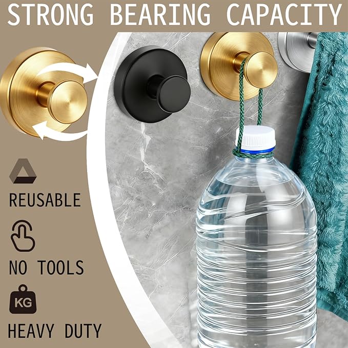 4 PCS Upgraded Drill-Free Suction Cup Hooks, Shower Towel Hooks for Bathrooms Stainless Steel Suction Hook Towels Hanger for Bathroom Kitchen Clothes Mirror Wall (Brushed Gold)