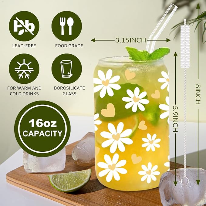 Daisy Aesthetic Glass Cups with Lids and Straws, Floral Iced Coffee Cup, Glass Cup with Colorful Flower, Aesthetic Christmas Iced Coffee Cup, irthday Gifts for Women Coffee Lovers