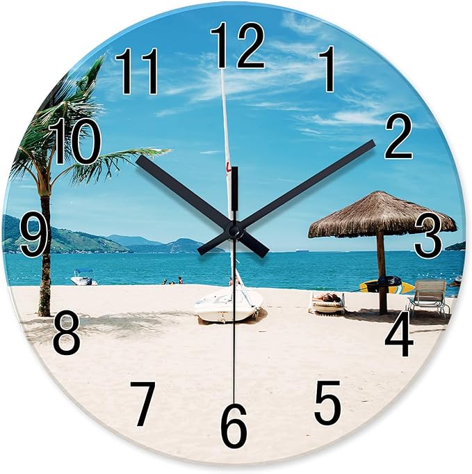XFM Beach Wall Clock 14 Inch Silent Wall Clocks Battery Operated Blue Tropical Hawaii Coastal Wall Clock for Living Room Bedroom Home Office Decor