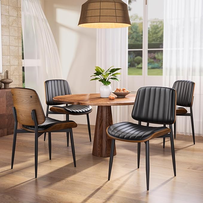 Dining Chairs Set of 8, FSC Certified Mid Century Modern Dining Room Kitchen Chairs, Upholstered PU Leather Vertical Stripe Chairs for Vanity with Walnut Bentwood and Metal Legs, Black