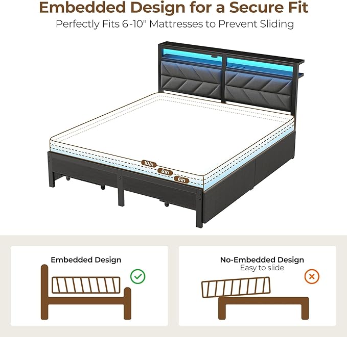 Seventable Queen Bed Frame with 4 Storage Drawers, Charging Station & LED Lights, Upholstered Headboard with 2-Tier Shelves, Metal Platform Bed, No Box Spring Needed, Noise-Free, Grey