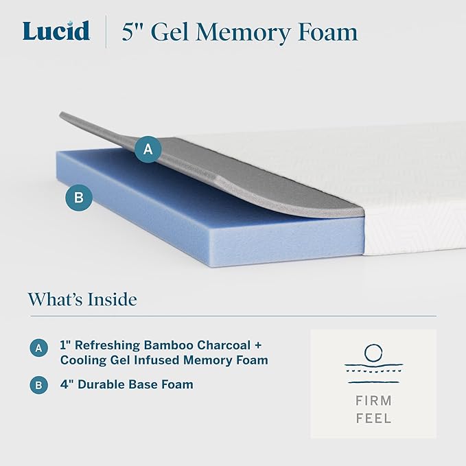 Lucid 5 Inch Memory Foam Mattress – Low Profile - Firm Feel - Infused with Bamboo Charcoal and Gel - Bed in a Box - Temperature Regulating - Breathable - Twin XL Size