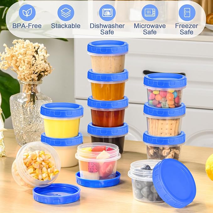 24 Pcs 4 oz Plastic Containers with Screw Lids, Reusable 1/2 Cup Small Food Storage Containers, Airtight Freezer Containers, Microwave & Dishwasher Safe, with Pen and Brush