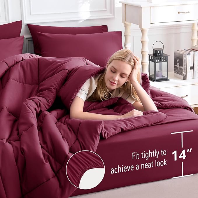 CozyLux Queen Comforter Set Burgundy, 7 Pieces Bed in a Bag, Red Comforter Queen Size, All Season Bedding Sets with Stitch Quilted Comforter, Flat Sheet, Fitted Sheet, Pillowcases