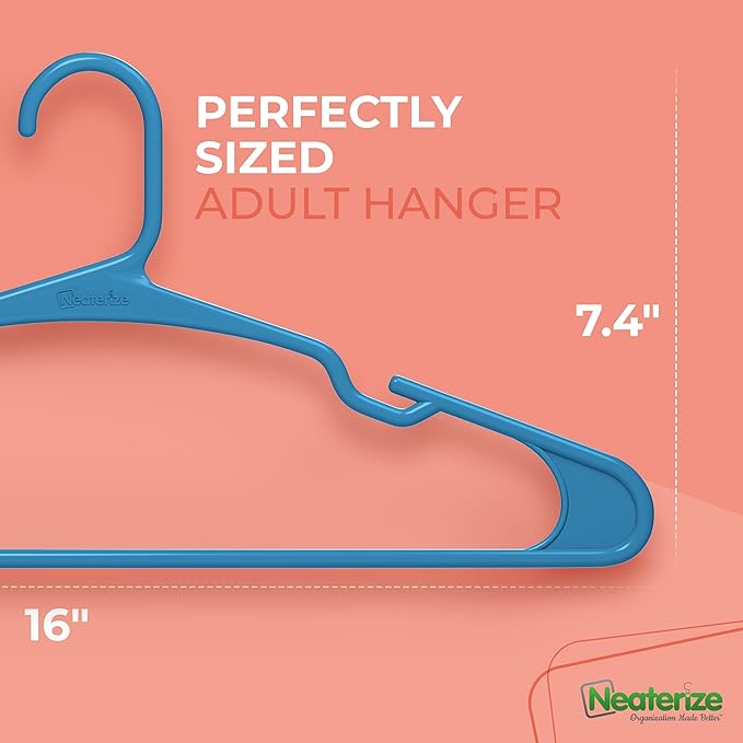 NEATERIZE Clothes Hangers Plastic 100 Pack for Adults - Plastic Hangers, The Perfect Coat Hanger and Space Saving Clothes Hangers for Closet, Percheros Ganchos para Colgar Ropa Hangars - Blue Hangers