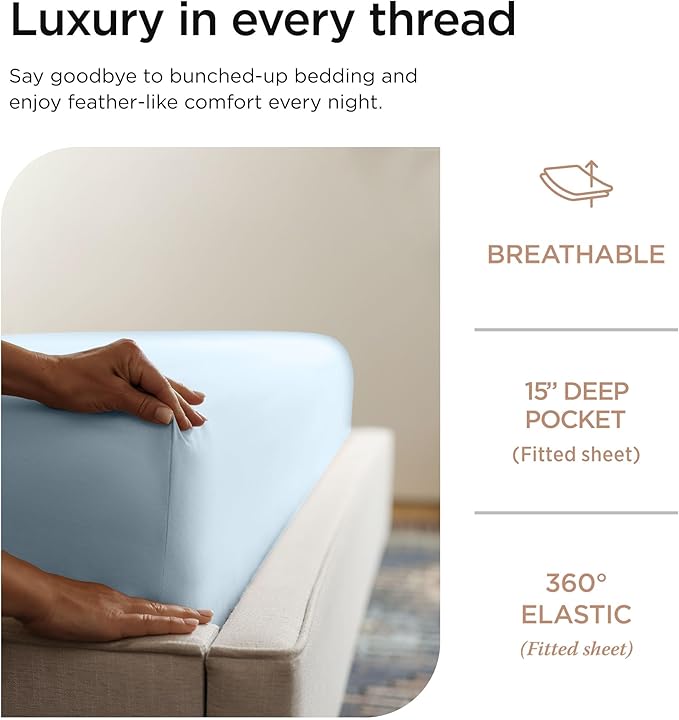 Threadmill 100% Cotton Sheets for Twin Size Bed - 600 Thread Count Twin Bed Sheets Set with 15” Deep Pocket - Sateen Weave 3-Piece Bedding Set with Cooling Effect, Blue