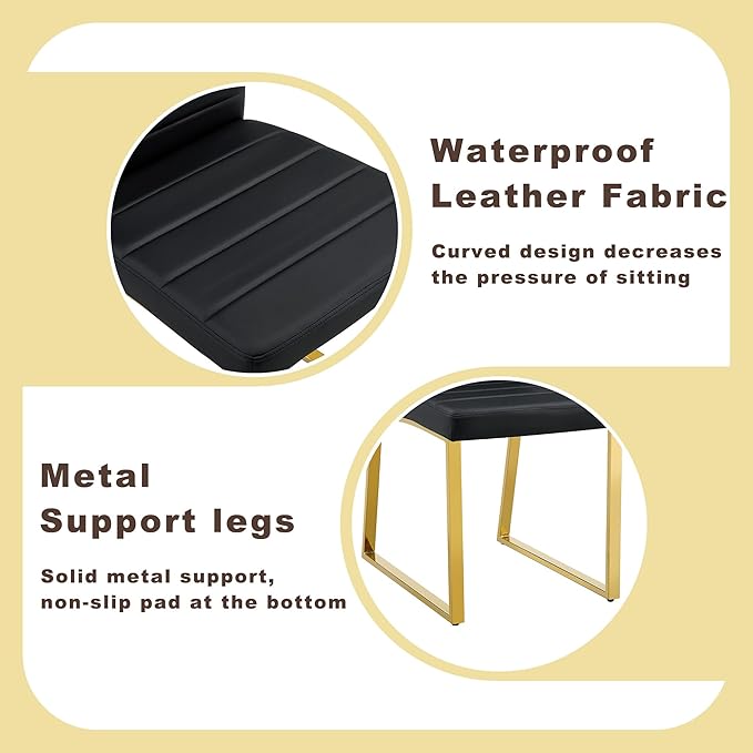 Modern Dining Chairs Set of 2, White Faux Leather Kitchen Chairs, Upholstered Armless Dining Room Chair with Gold Mental Legs Heavy Duty, Comfortable (Black and Gold, Set of 2)