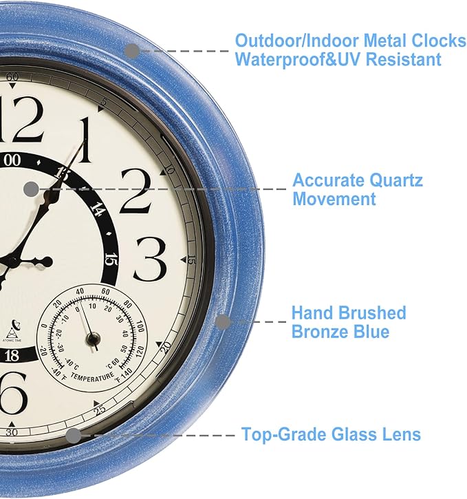 18 Inch Illuminated Retro Indoor Outdoor Wall Clocks with Thermometer and Hygrometer Waterproof Metal Large Clocks with Auto Light Smart Sensor for House Warming Gifts New Home Living Room Decor