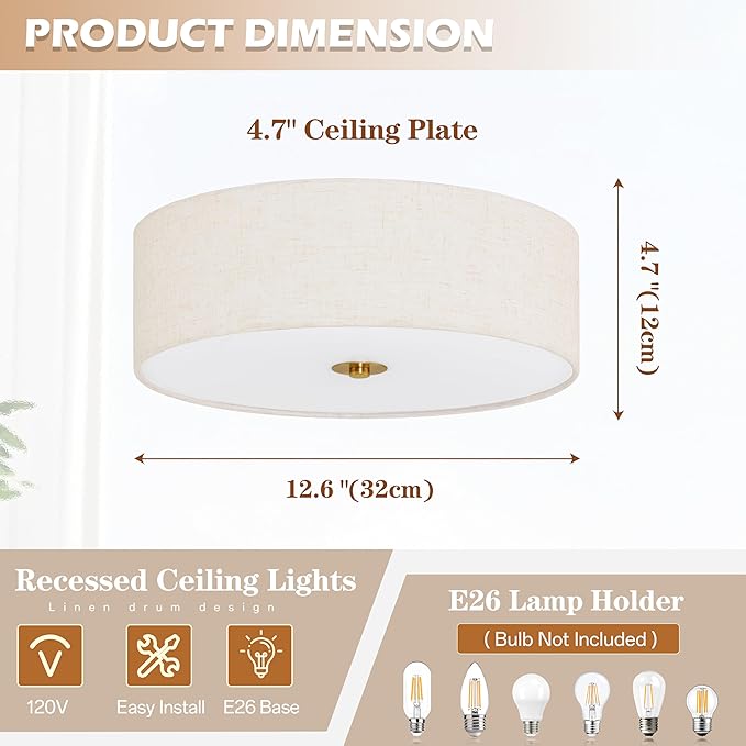 12.6 Inch Flush Mount Ceiling Light Gold Ceiling Fixture 2-Light Drum Modern Lights Close to Lights Fixture with Fabric Shade for Living Room Hallway Entryway Bedroom