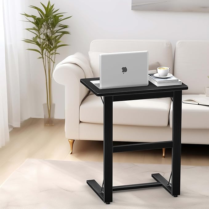 Tatub 24'' Folding TV Tray Table, Bamboo C Shaped End Table Slide Under Couch, Small Sofa Side Laptop Desk for Living Room, Bedroom, Black