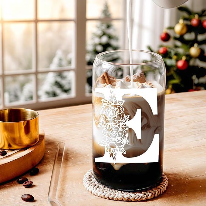 DWTS DANWEITESI Birthday Gifts for Women: Initial Glass Cup as Office Graduation Memorial Holiday Personalized Gifts - for Husband Aunt Uncle Teen Boy Employee Coworkers Him and Her - E Aesthetic Cup