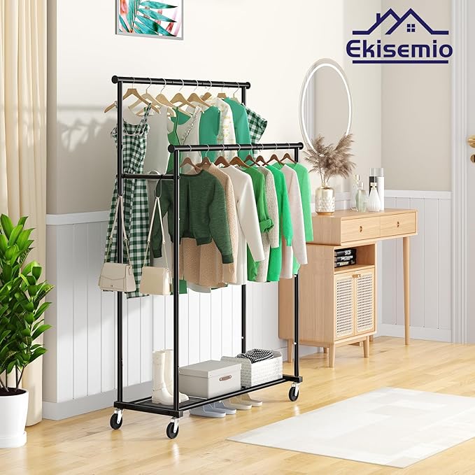 Double Rod Clothes Rack with Wheels Load 400 LBS, 45 Inch Rolling Clothing Rack for Hanging Clothes, Heavy Duty Garment Rack with Shelves, Metal Portable Closet, Black