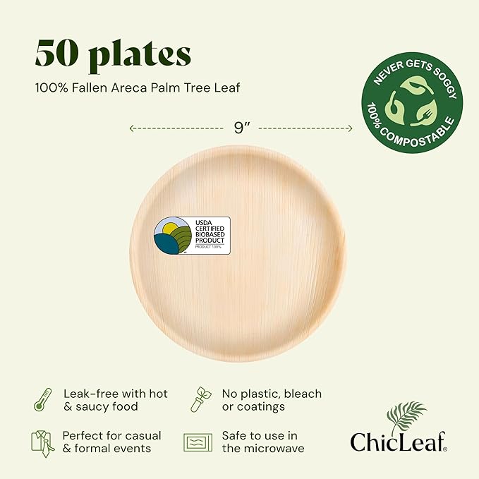 Chic Leaf Palm Leaf Plates - 9" Round - 50 Pack of 100% Compostable, Biodegradable & Disposable Bamboo Plates – Heavy Duty, Sturdy Paper Alternative for Christmas Meal, Wedding Desserts & Events