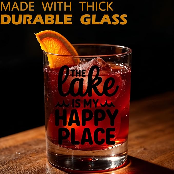 Lake Lovers Gifts Old Fashioned Whiskey Glasses, Like Life Gifts, The Lakes is My Happy Place 10 oz Rocks Barware Cup for Cocktail Drinks Scotch Bourbon Liquor