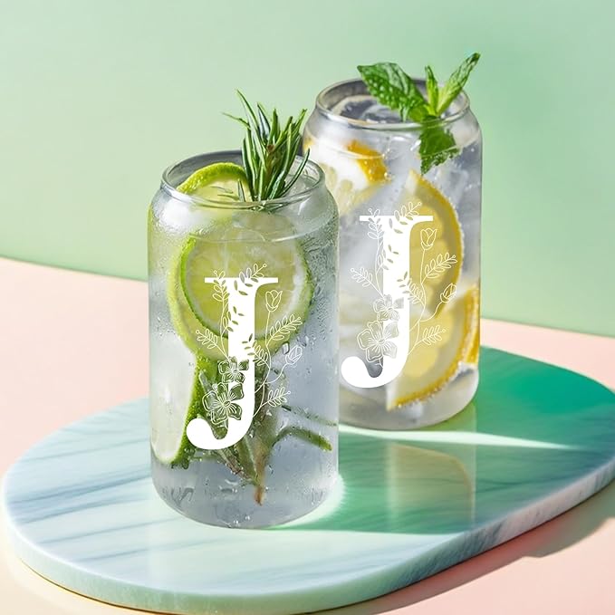 Unique Initial Glass Cup with Lids and Straws, Monogrammed Gifts Box Included Makeup Bag, Christmas Birthday Gifts for Women Mom Sister Grandma, J
