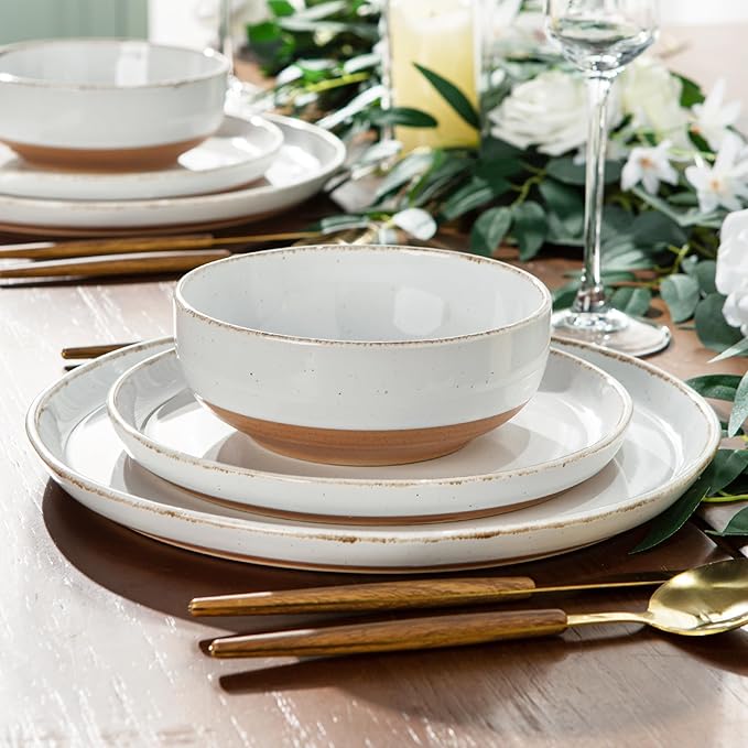 AmorArc Ceramic Dinnerware Sets with Pasta Bowls for 4, Handpainted Plates and Bowls Set with Rustic Terracotta Underside, Scratch Resistant Dishes Set, Dishwasher & Microwave Safe, 16 Pcs-White