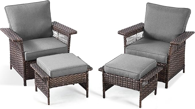 4 Pieces Wicker Patio Furniture Set - Hollow Widen Armrests Comfy Outdoor Rattan Chairs with Ottomans, Small Patio Convention Set for Balcony Porch Deck and Yard - Brown/Gray