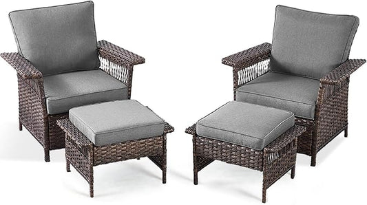 4 Pieces Wicker Patio Furniture Set - Hollow Widen Armrests Comfy Outdoor Rattan Chairs with Ottomans, Small Patio Convention Set for Balcony Porch Deck and Yard - Brown/Gray