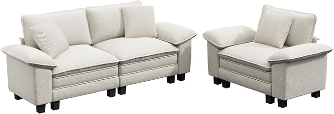 L-Shaped Cloud Modular Sofa Set with Chaise, Deep Seat 3-Piece Sectional & Removable Arms, Plush Chenille for Living Room - Beige