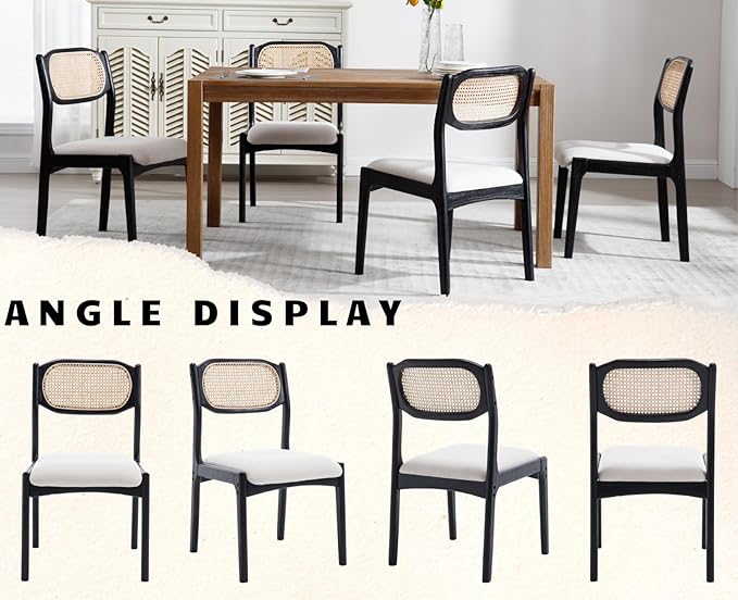 EALSON Farmhouse Rattan Dining Chairs Set of 2 Modern Mid Century Dining Room Chairs Upholstered Linen Kitchen Side Chairs with Cane Back/Black Wood Frame for Living Dining Room,Beige