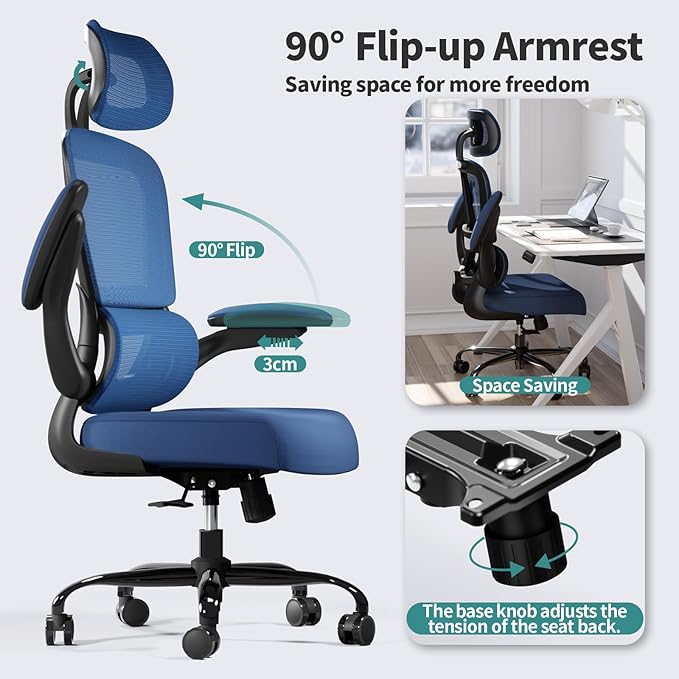 TRALT Office Chair Ergonomic Desk Chair, 330 LBS Home Mesh Office Desk Chairs with Wheels, Comfortable Gaming Chair, High Back Office Chair for Long Hours (Black+Blue)